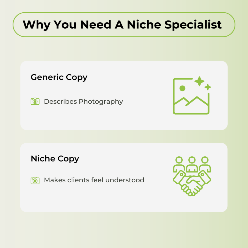 Difference between generic photography copy and emotionally targeted niche copy.